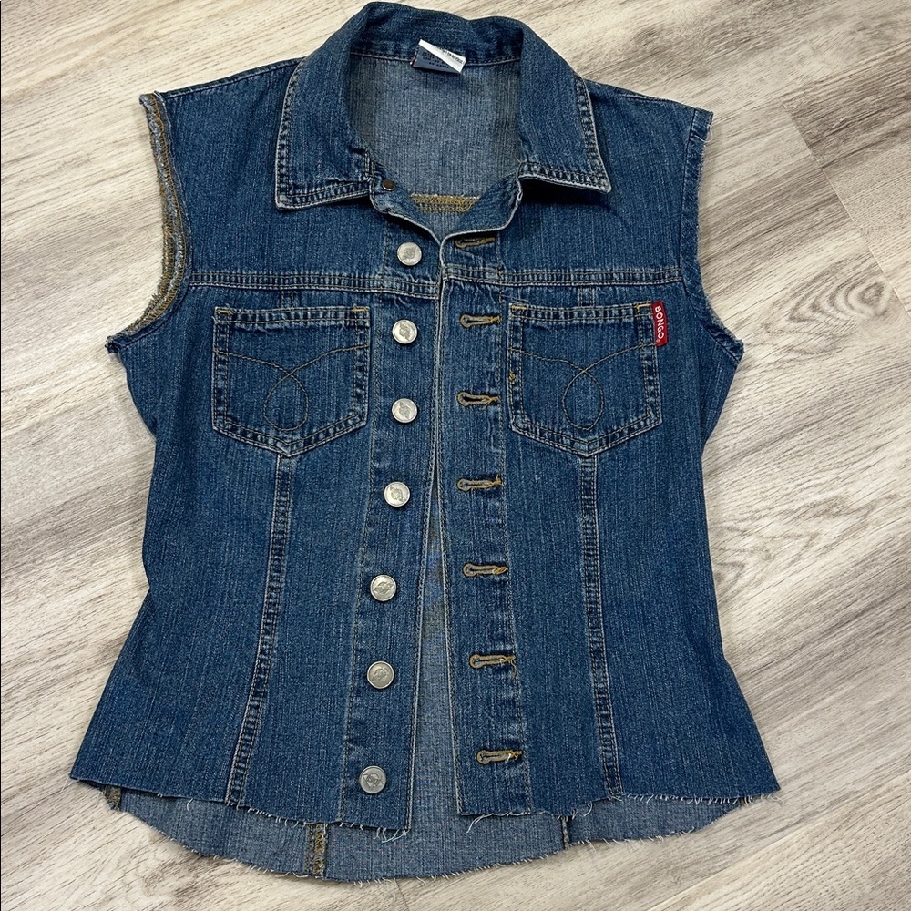 Vintage 90s BONGO Denim Corset Style Vest Button Front Raw Hem Sleeveless Blouse - Picture 3 of 10